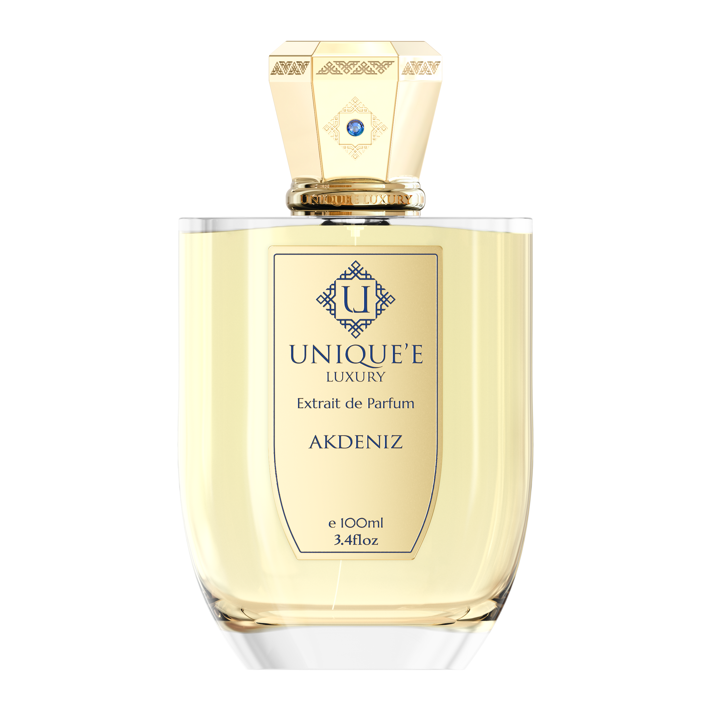 A bottle of AKDENIZ perfume by Unique'e Luxury with a gold-colored cap and a label indicating it is an extract de Parfum.