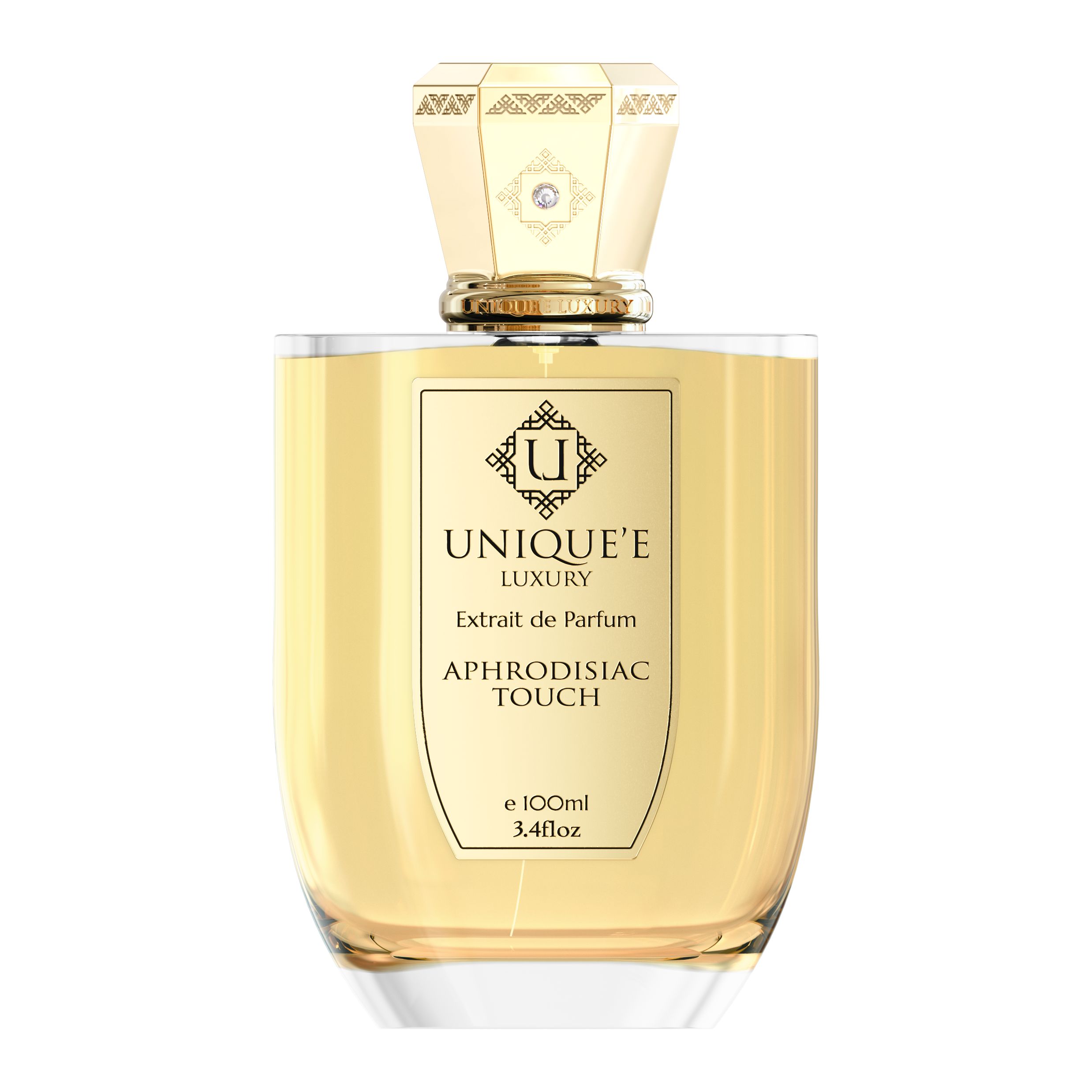 A bottle of 'APHRODISIAC TOUCH' perfume by Unique'e Luxury with a gold-colored liquid inside, displayed against a plain background.