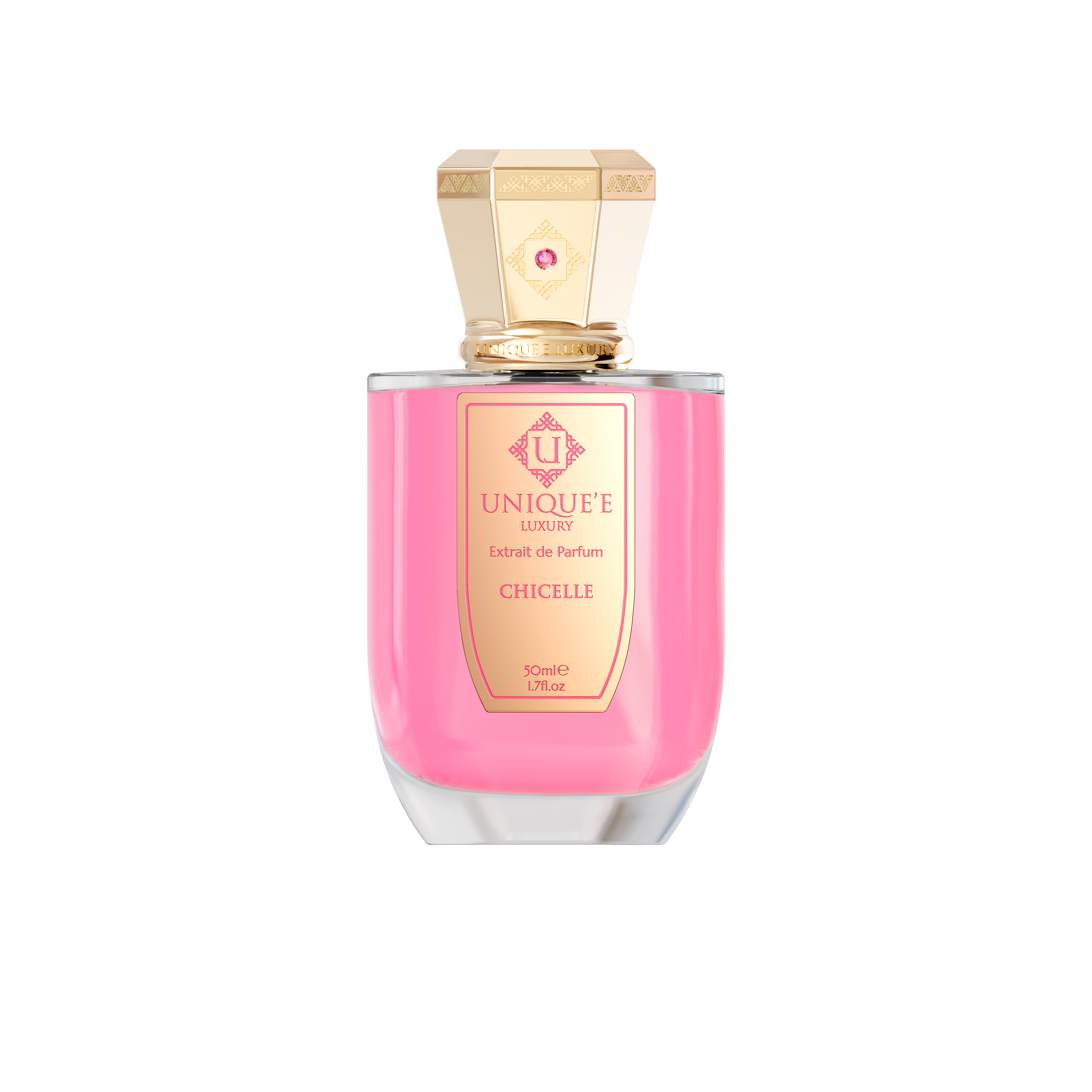Pink perfume bottle with gold cap on a white background unique luxury chicelle