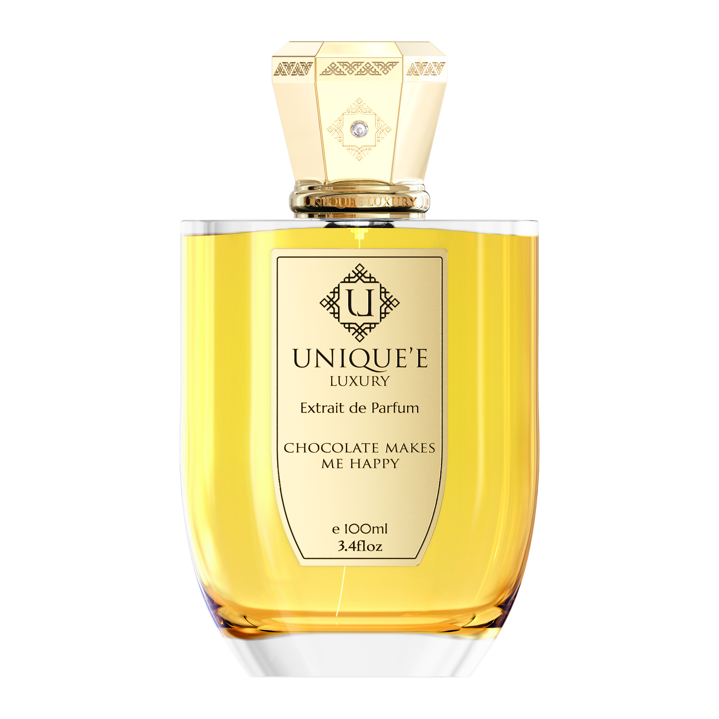 A bottle of 'Chocolate Makes Me Happy' perfume by Unique'e Luxury with a gold-colored cap and a clear amber-colored liquid inside.