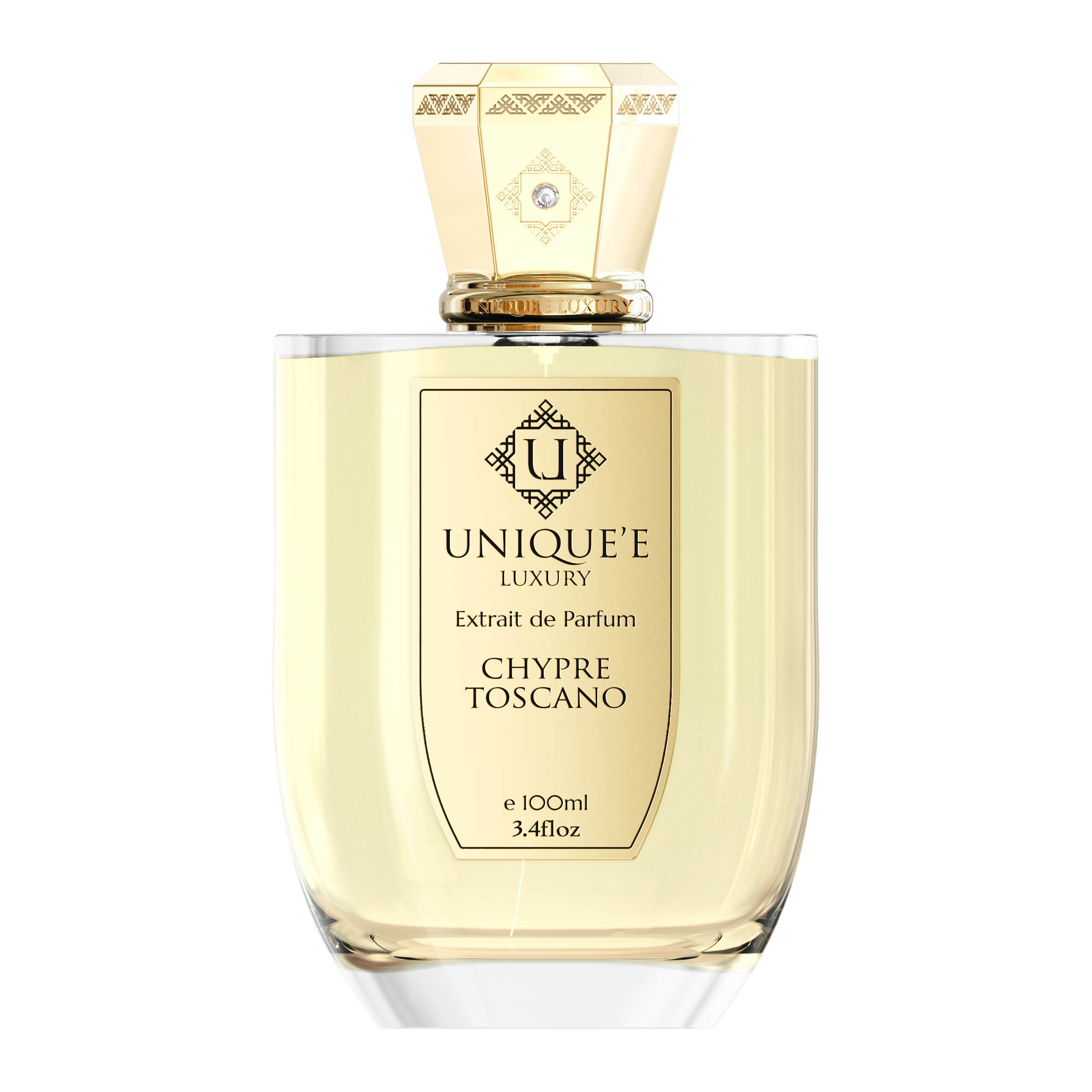 A bottle of CHYPRE TOSCANO perfume by Unique'e Luxury with a gold-colored cap and a label indicating it is an extract de Parfum.