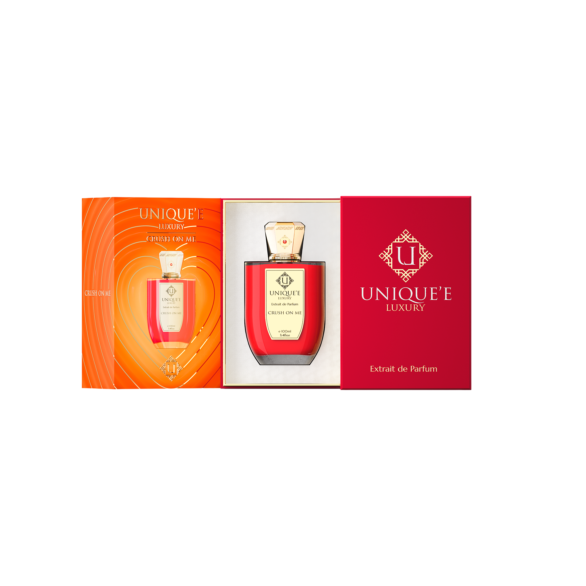 A red bottle of 'Crush On Me' perfume by Uniquee Luxury with a gold cap and label indicating it is an 100 ml extract de parfum.