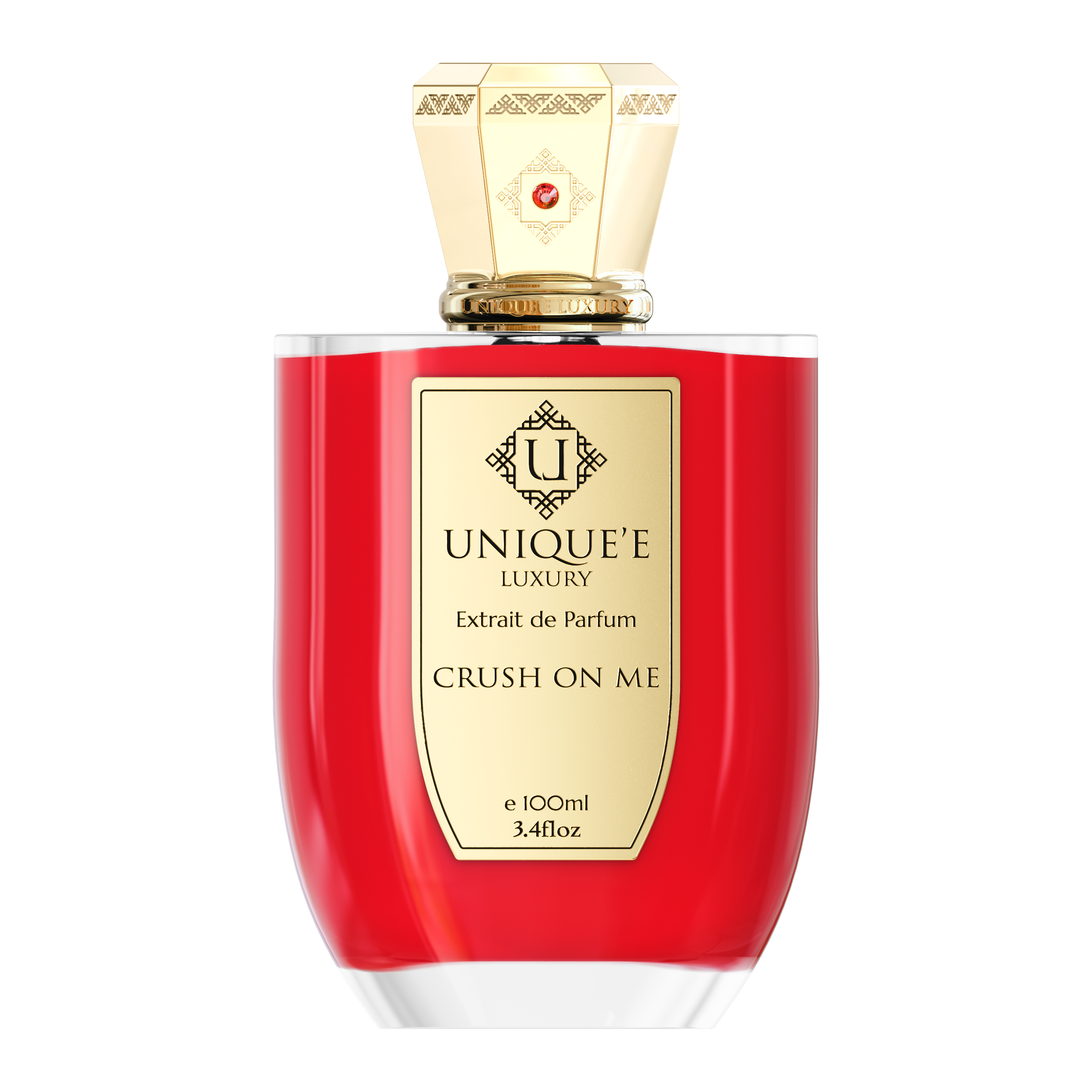 A red bottle of 'Crush On Me' perfume by Uniquee Luxury with a gold cap and label indicating it is an 100 ml extract de parfum.