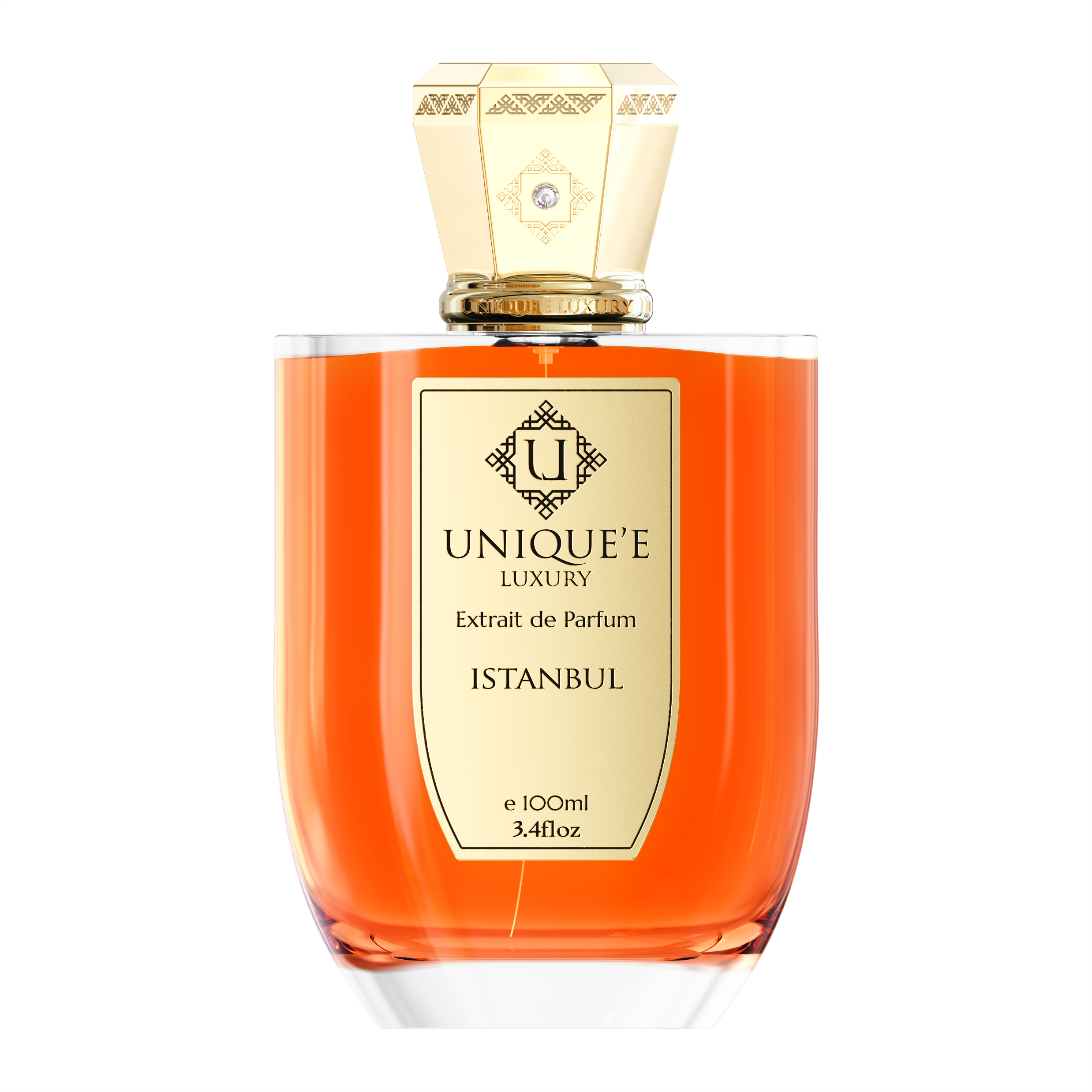 A bottle of Unique'e Luxury Istanbul perfume with a gold-colored cap and a label indicating it is an extract de Parfum.