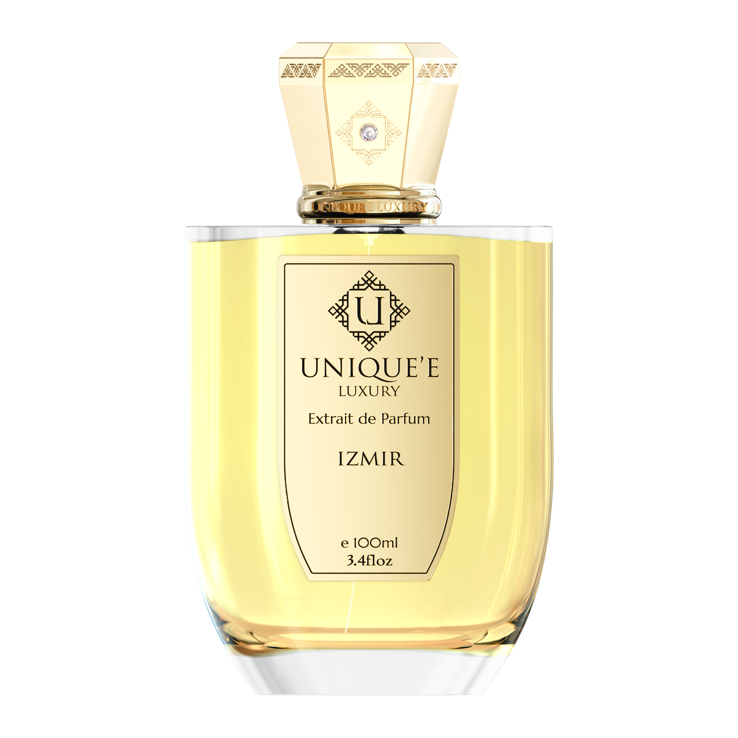 A bottle of Unique'e Luxury Izmir perfume with a gold cap and label, containing 100 ml of extract de Parfum.