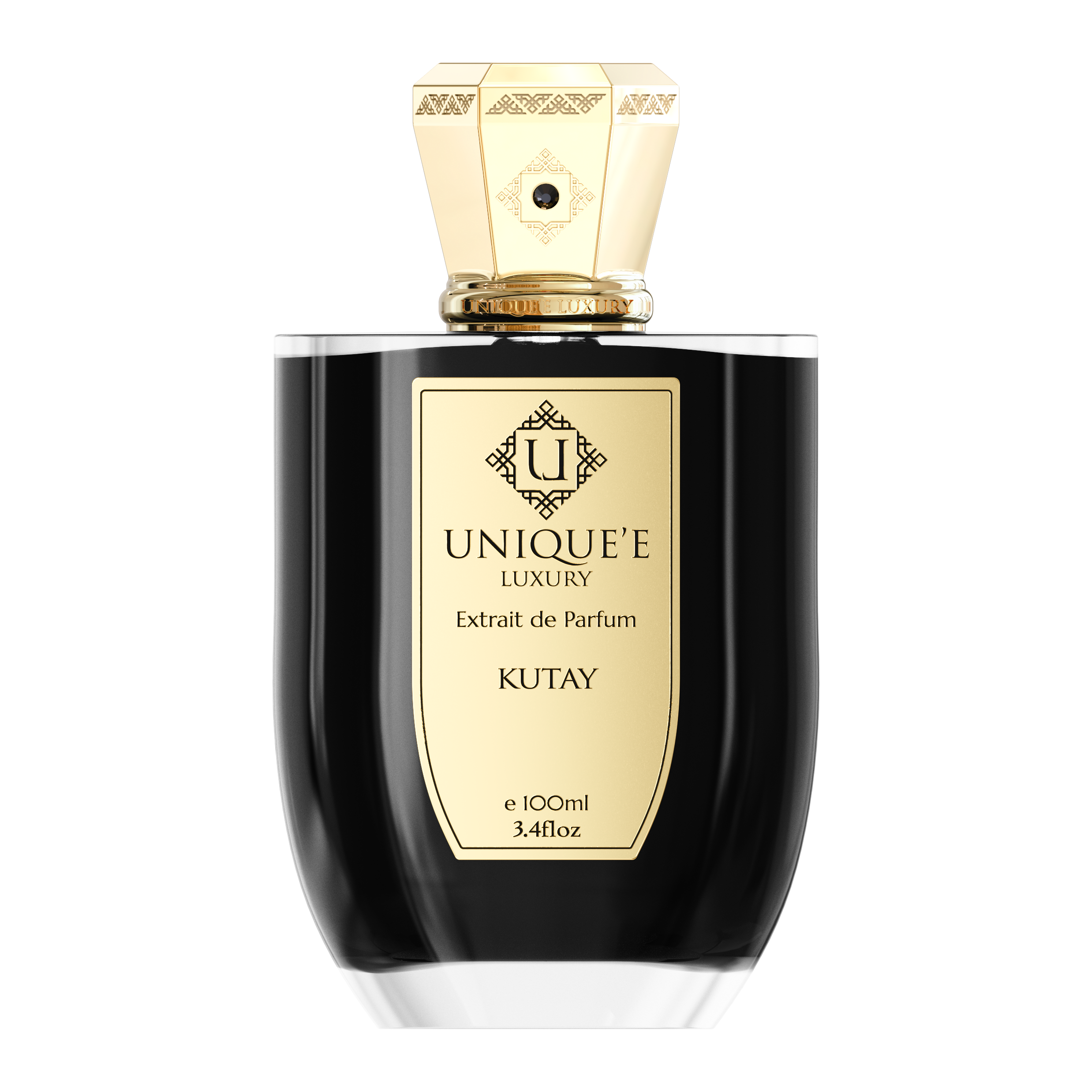 A black bottle of 'KUTAY 100 ml' perfume with a gold label and cap, under the brand name 'UNIQUE E LUXURY'. The bottle is filled with a yellowish liquid and has a luxurious appearance.