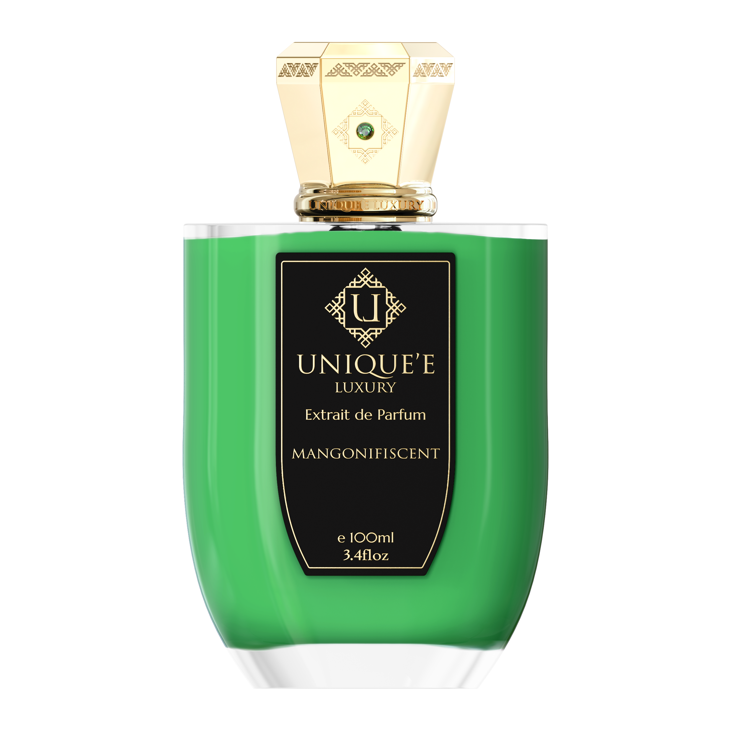 A green perfume bottle with a gold cap labeled 'Uniqueé Luxury' and 'Mangonifiscent'.