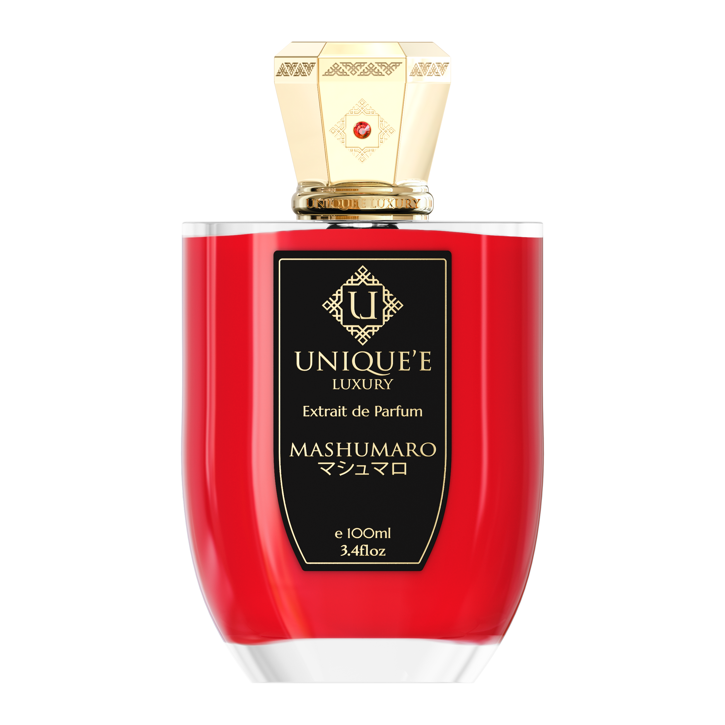 A red perfume bottle with a gold cap labeled 'Uniqueé Luxury' and 'Mashumaro'.