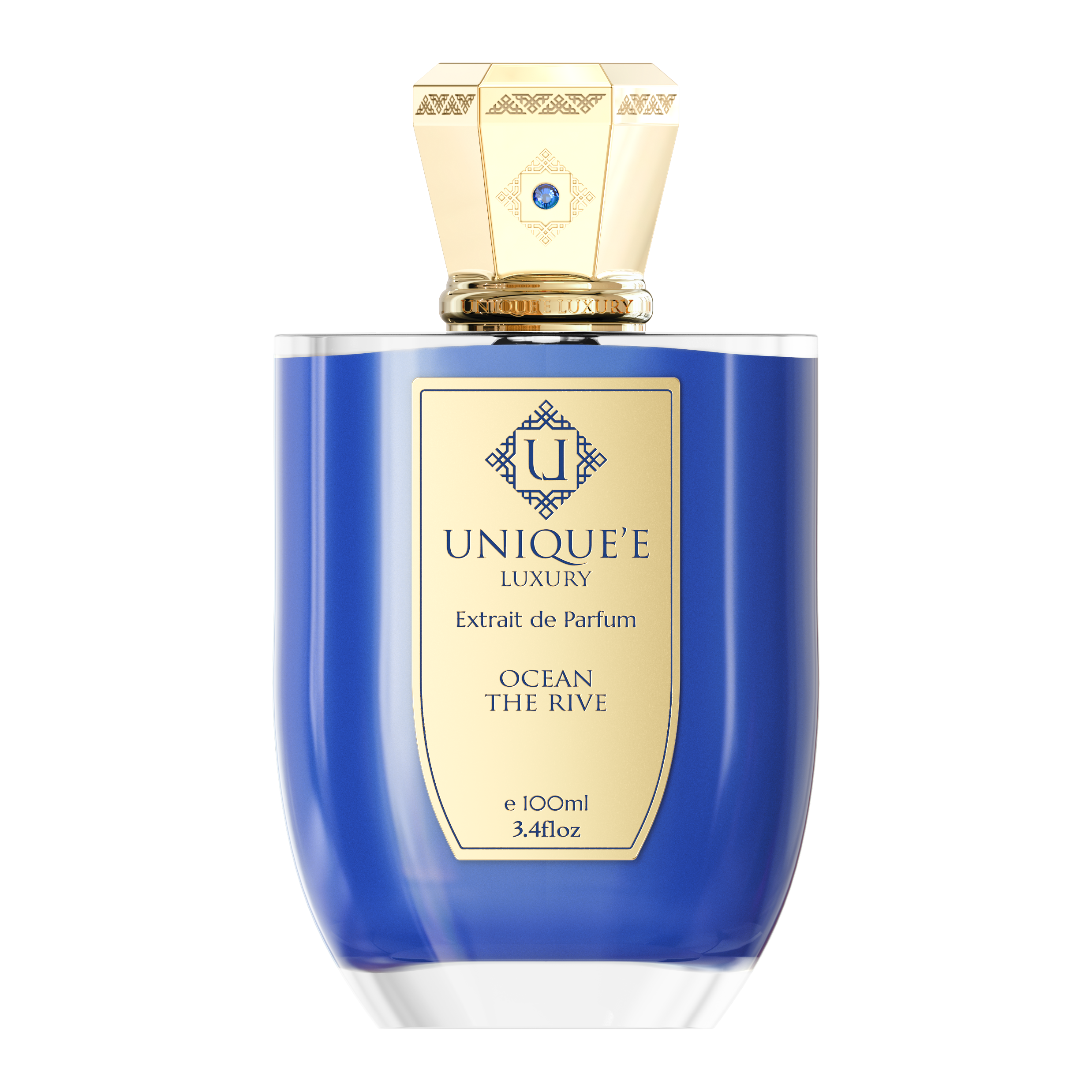 A blue perfume bottle with a gold cap labeled 'Uniqueé Luxury - Ocean The Rive' with text indicating it is a 100 ml extract de parfum.