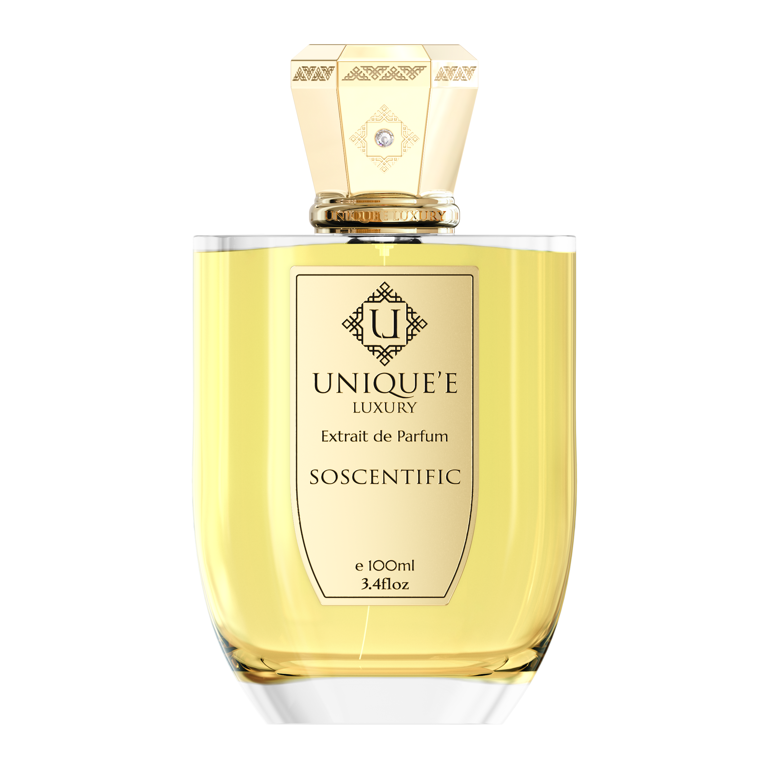A bottle of Unique'e Luxury Extrait de Parfum fragrance with the name 'Soscentific' on the label, containing 100 ml of the product.