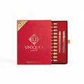 A luxury perfume travel set in a red box with gold detailing, shown open to reveal multiple small perfume vials and two larger bottles. The box features the brand name 'UNIQUE' LUXURY' and the text 'Extrait de Parfum'.
