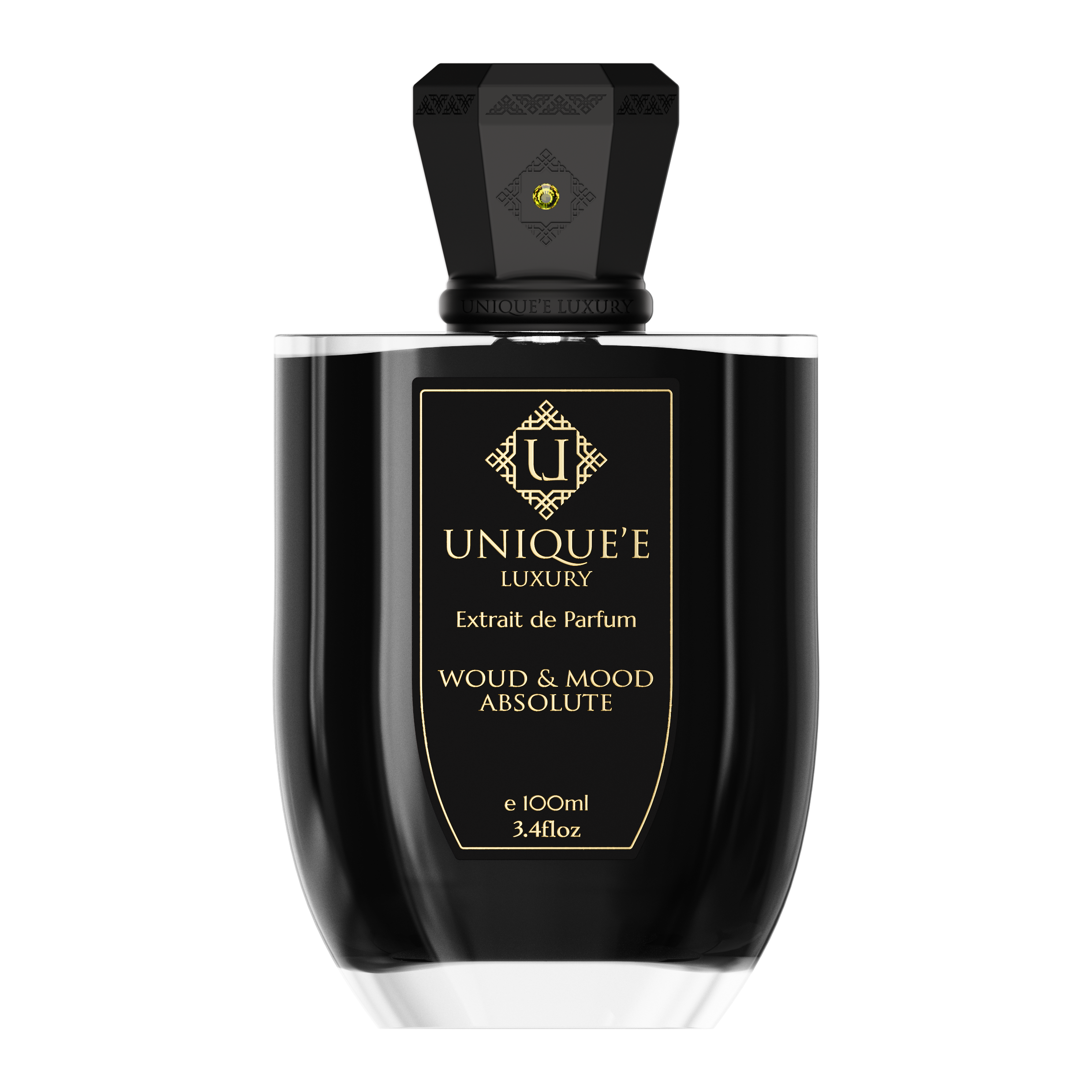 A black perfume bottle with a black cap, featuring a gold-colored Swarovski gem on the cap. Unique luxury wood & mood