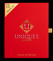 A luxury perfume travel set in a red box with gold detailing, shown open to reveal multiple small perfume vials and two larger bottles. The box features the brand name 'UNIQUE' LUXURY' and the text 'Extrait de Parfum'.